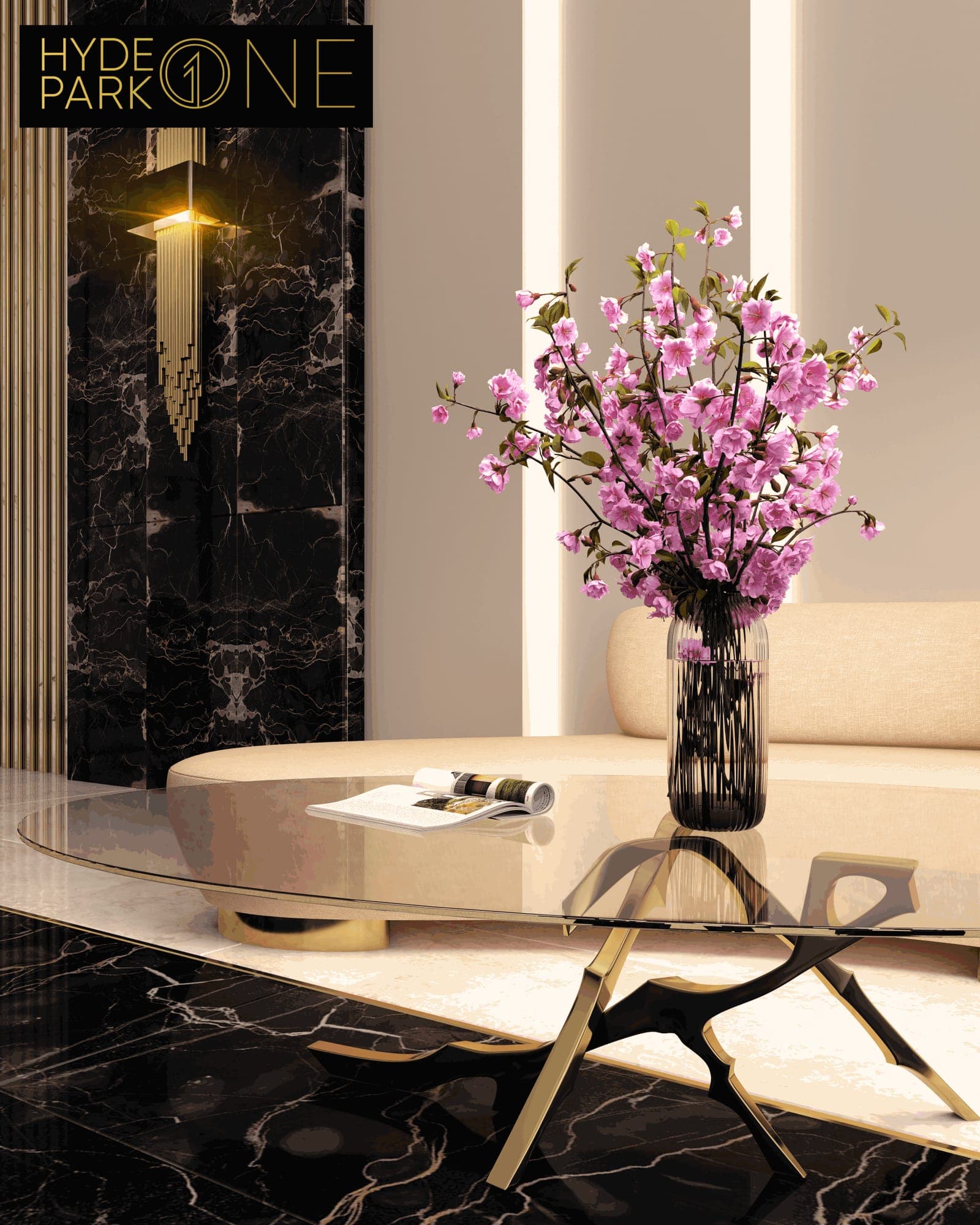 Blossom on a glass table against dark marble, Hyde Park One