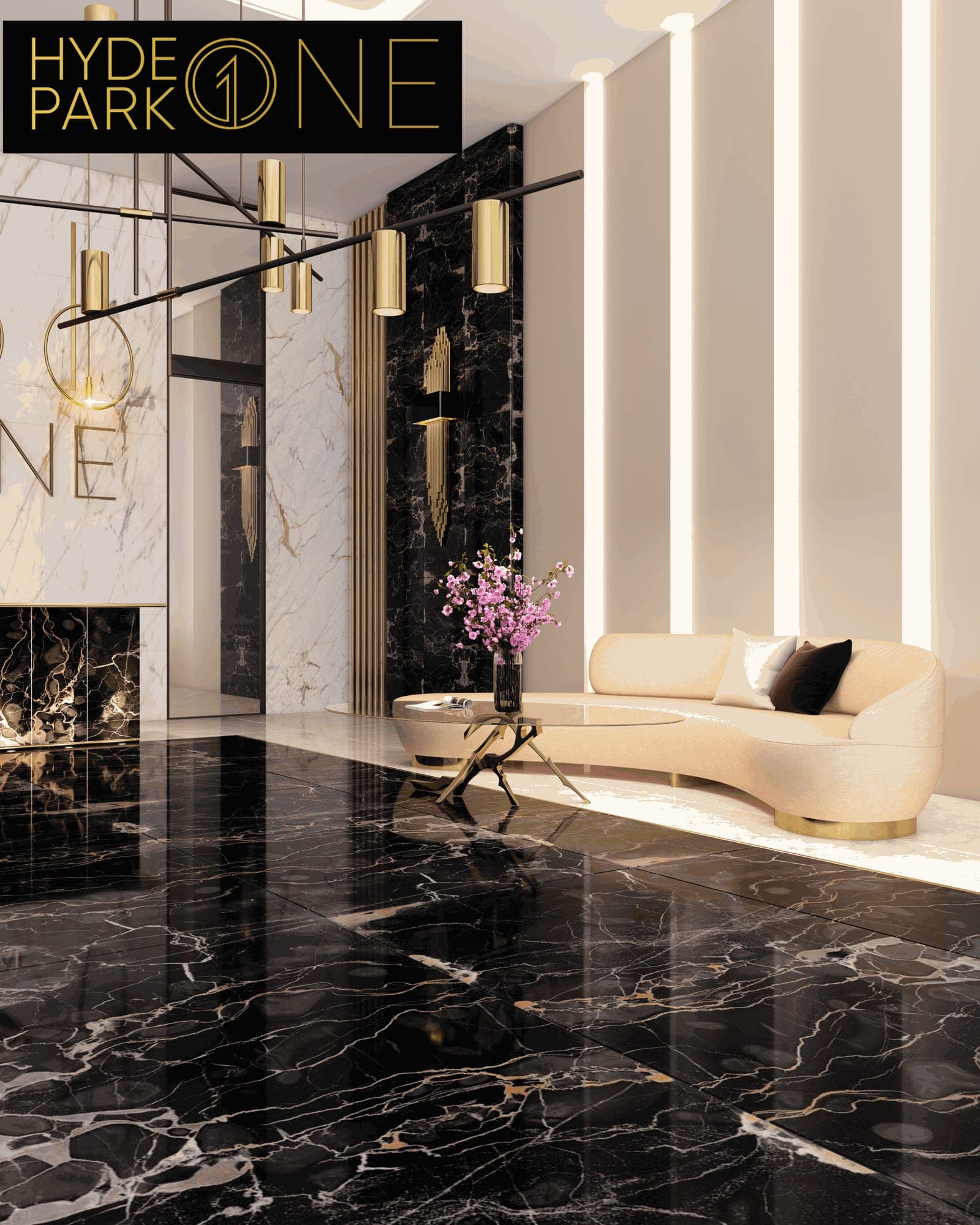 A lobby lounge on dark marble under brass pendants