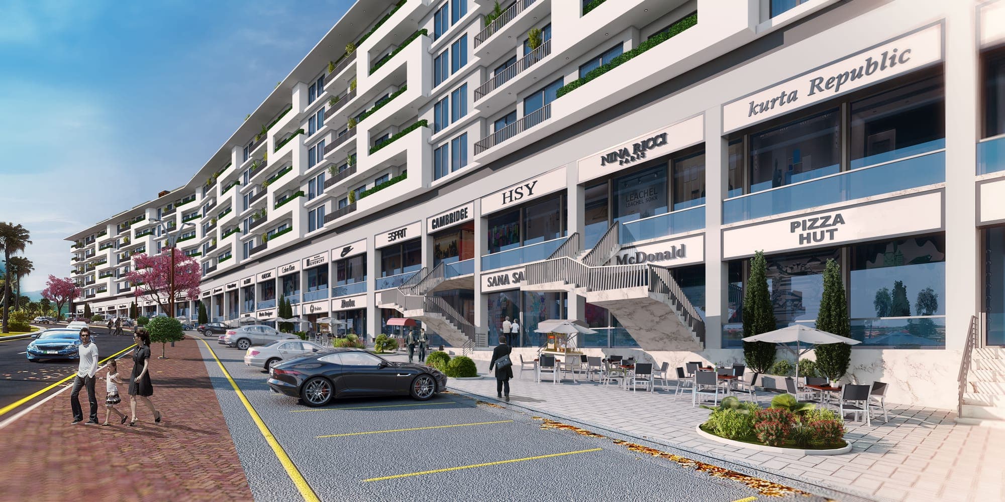 Hyde Park One: Shopfronts and café terraces along the boulevard