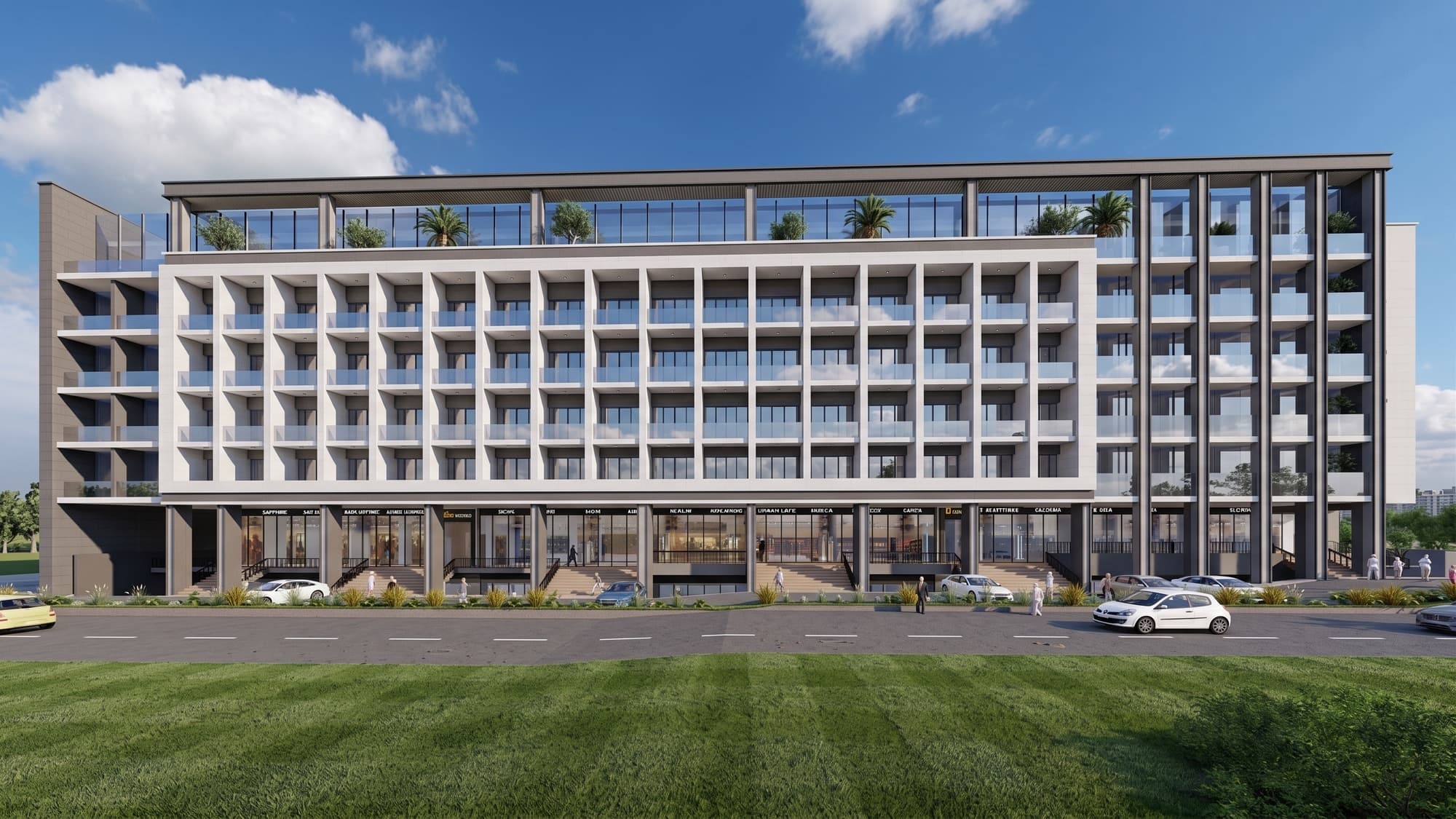 Hyde Park Prestige: The full elevation with its planted roof terrace