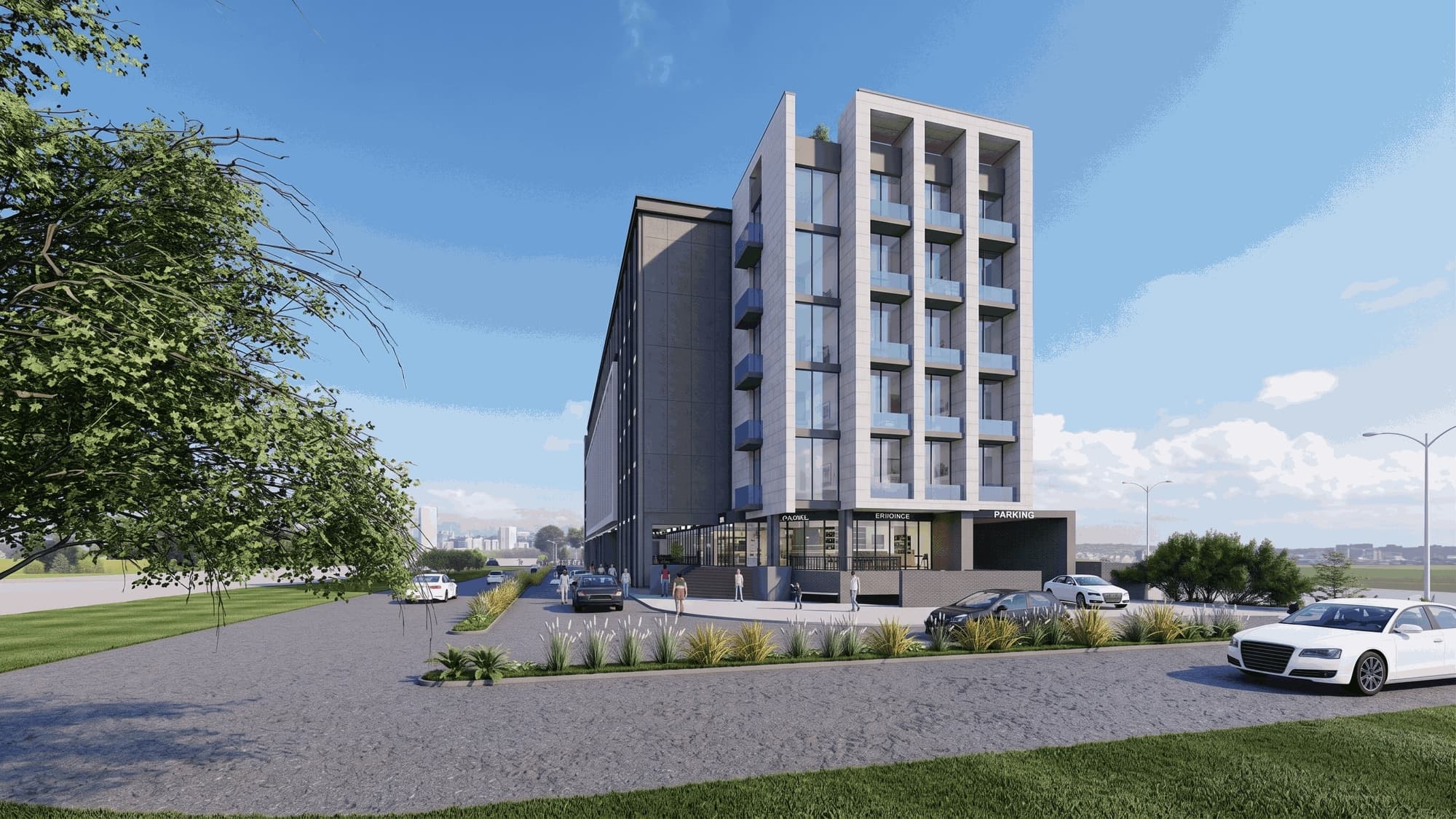 Hyde Park Prestige: The end tower and parking entrance