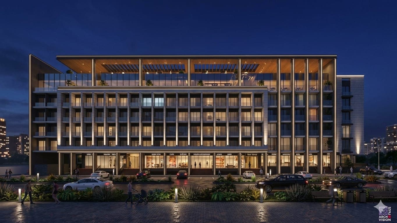 The front elevation of Hyde Park Prestige at night