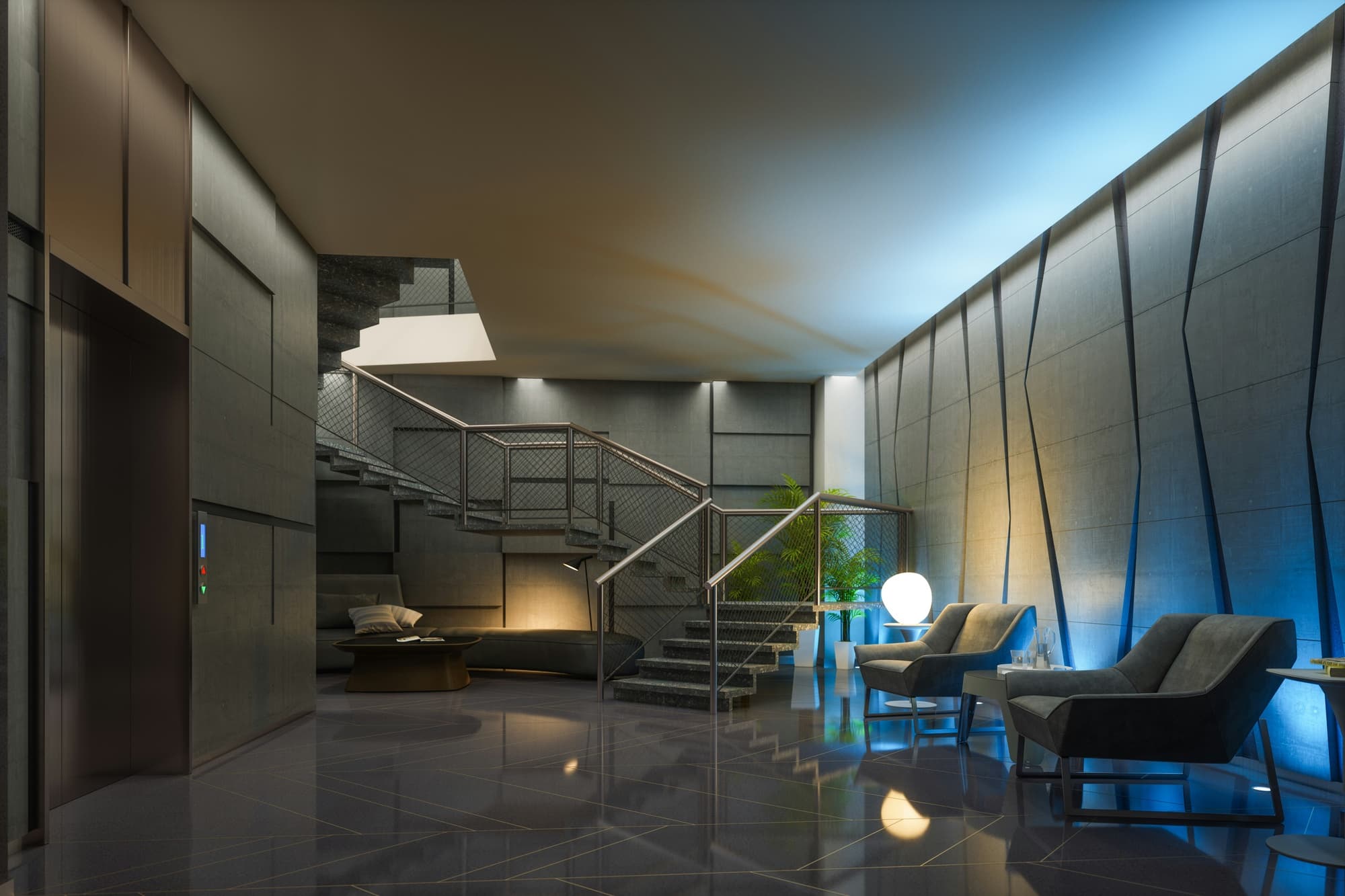 A concrete lobby with lounge seating and an open stair