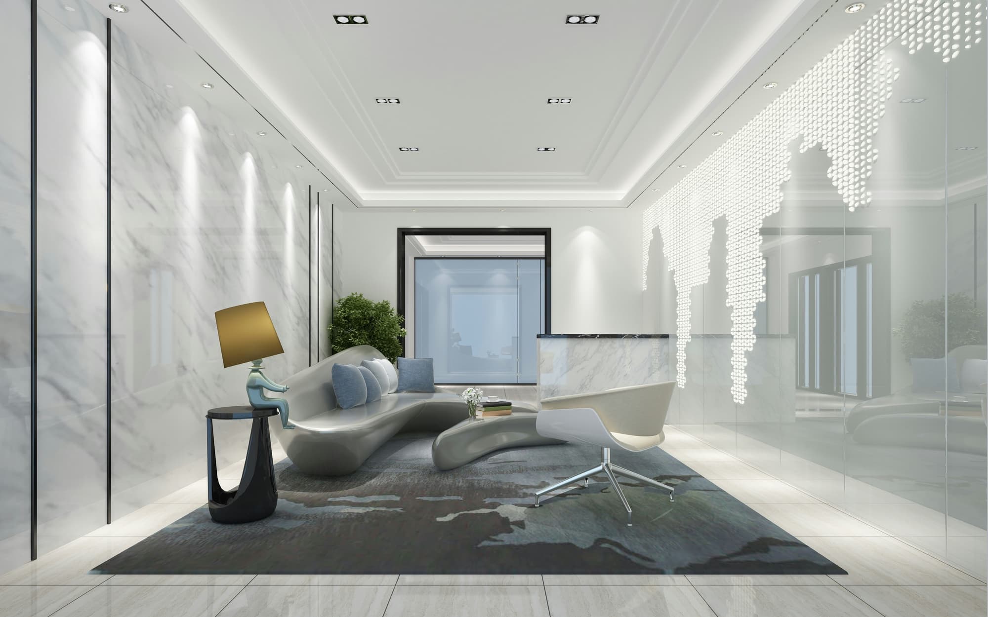 A marble reception with a lit feature wall