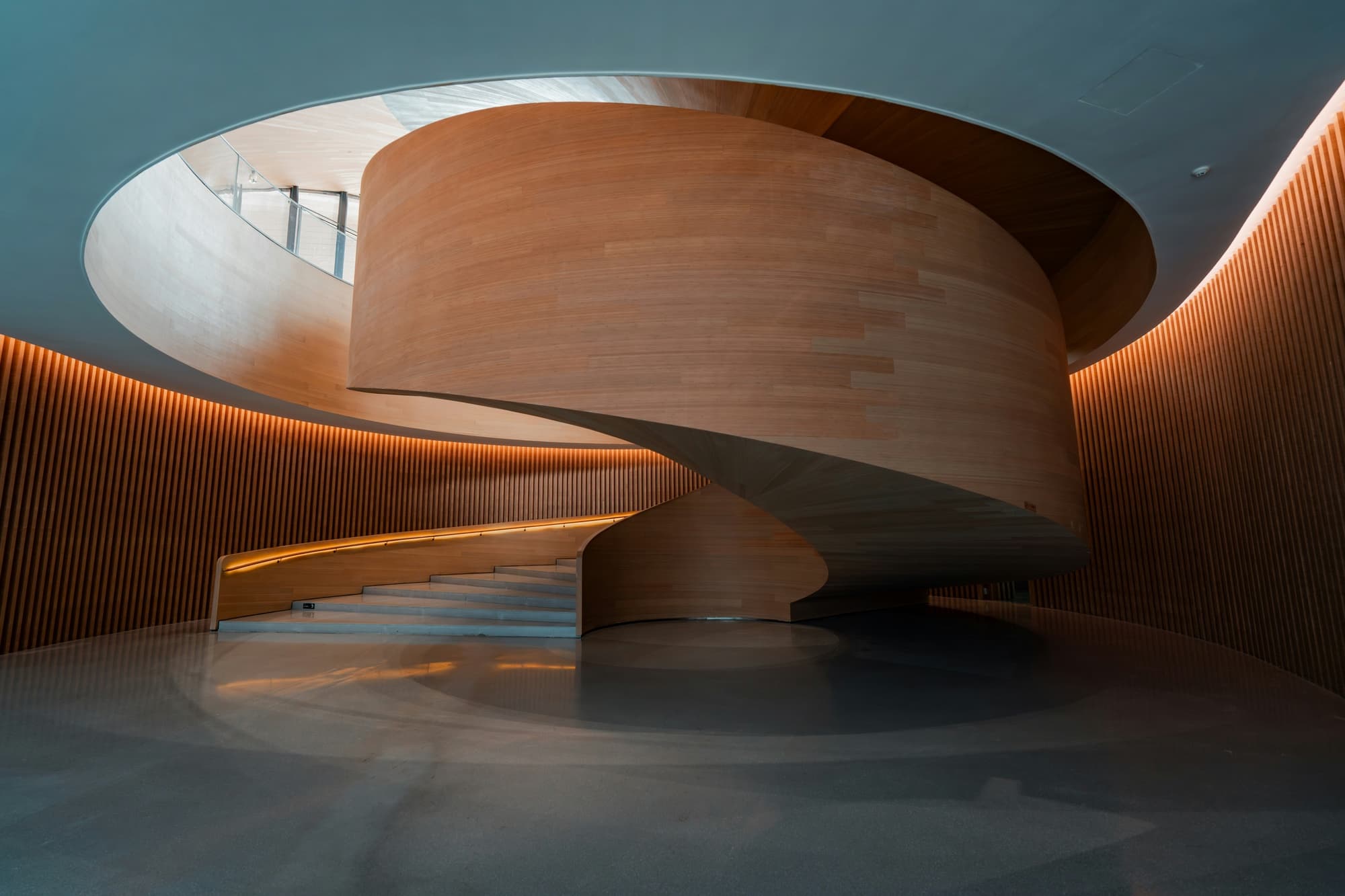 A timber spiral stair beneath an oculus