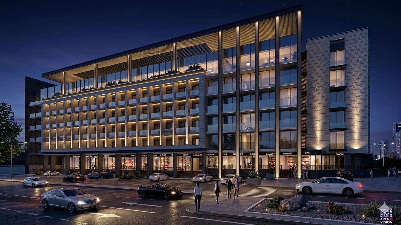 Hyde Park Prestige: The lit colonnade and shopfronts at night